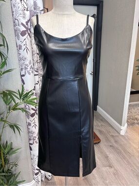 eesome Black Faux Leather Midi Slip Dress with Front Slit